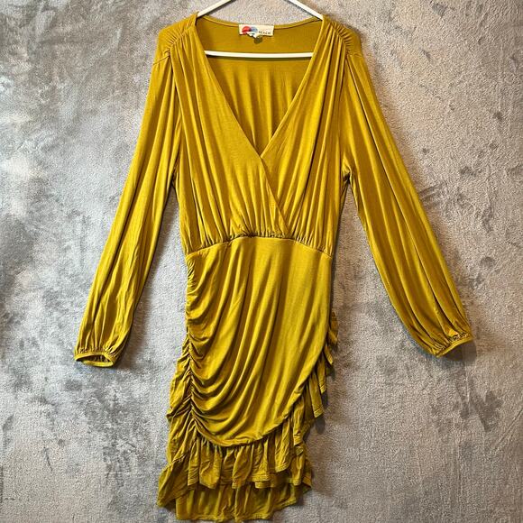 Free People Miami Dress Size Large Long Sleeve Ruffle Mini Mustard Yellow - Picture 1 of 6